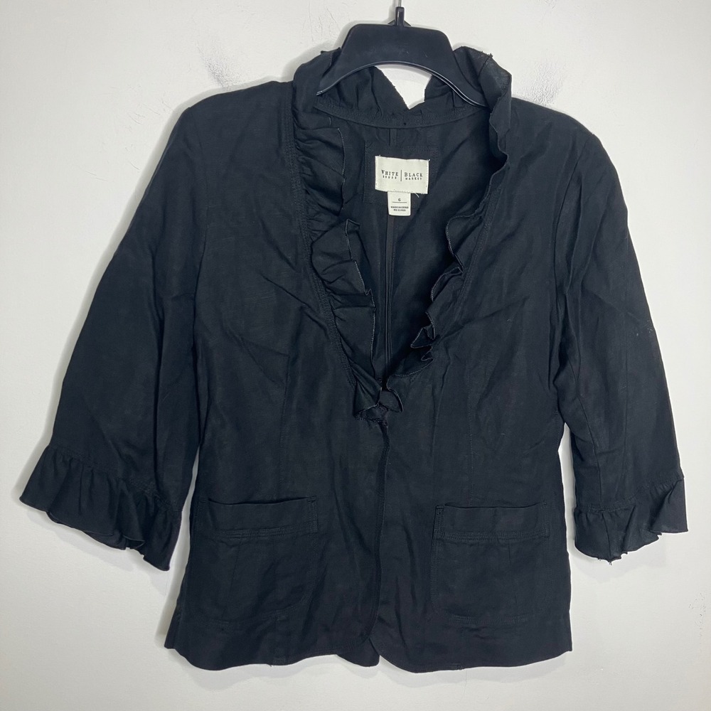 White House Black Market linen blend black ruffle blazer 3/4 sleeve women size 6